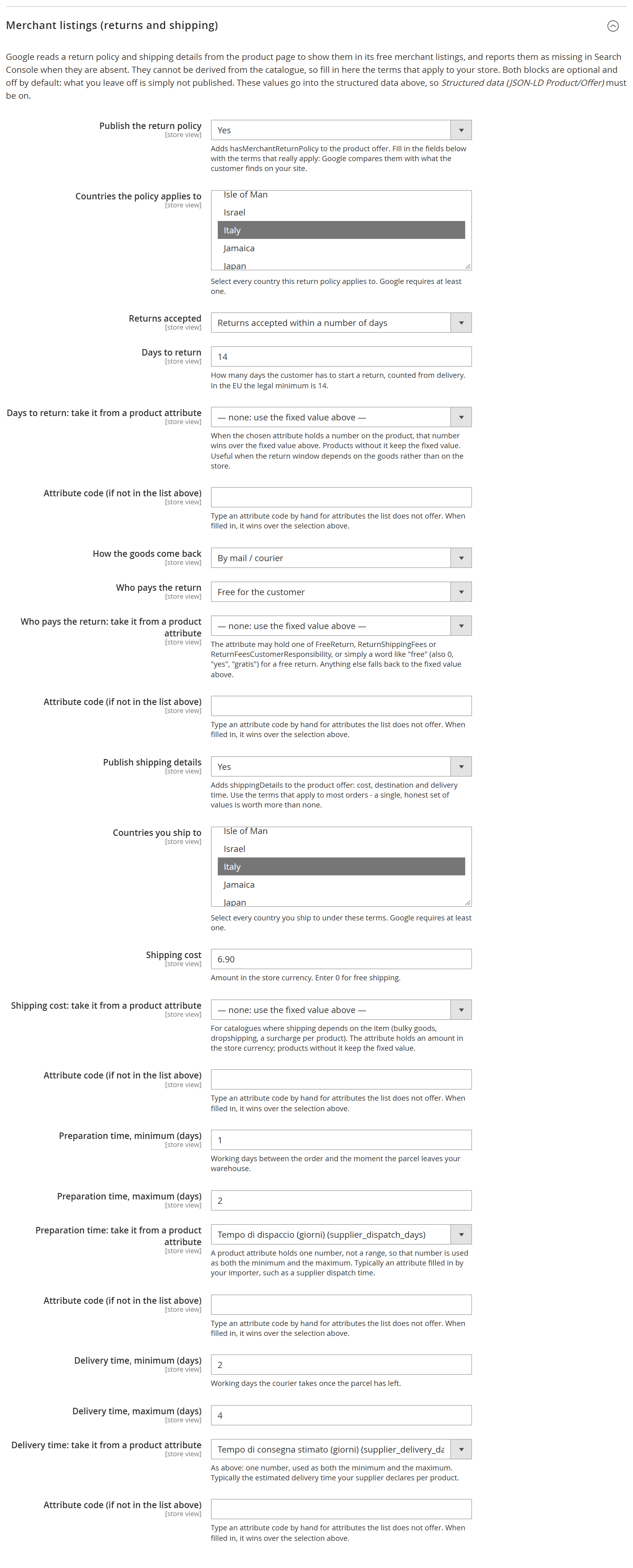 Merchant listings group in the admin: return policy and shipping details
