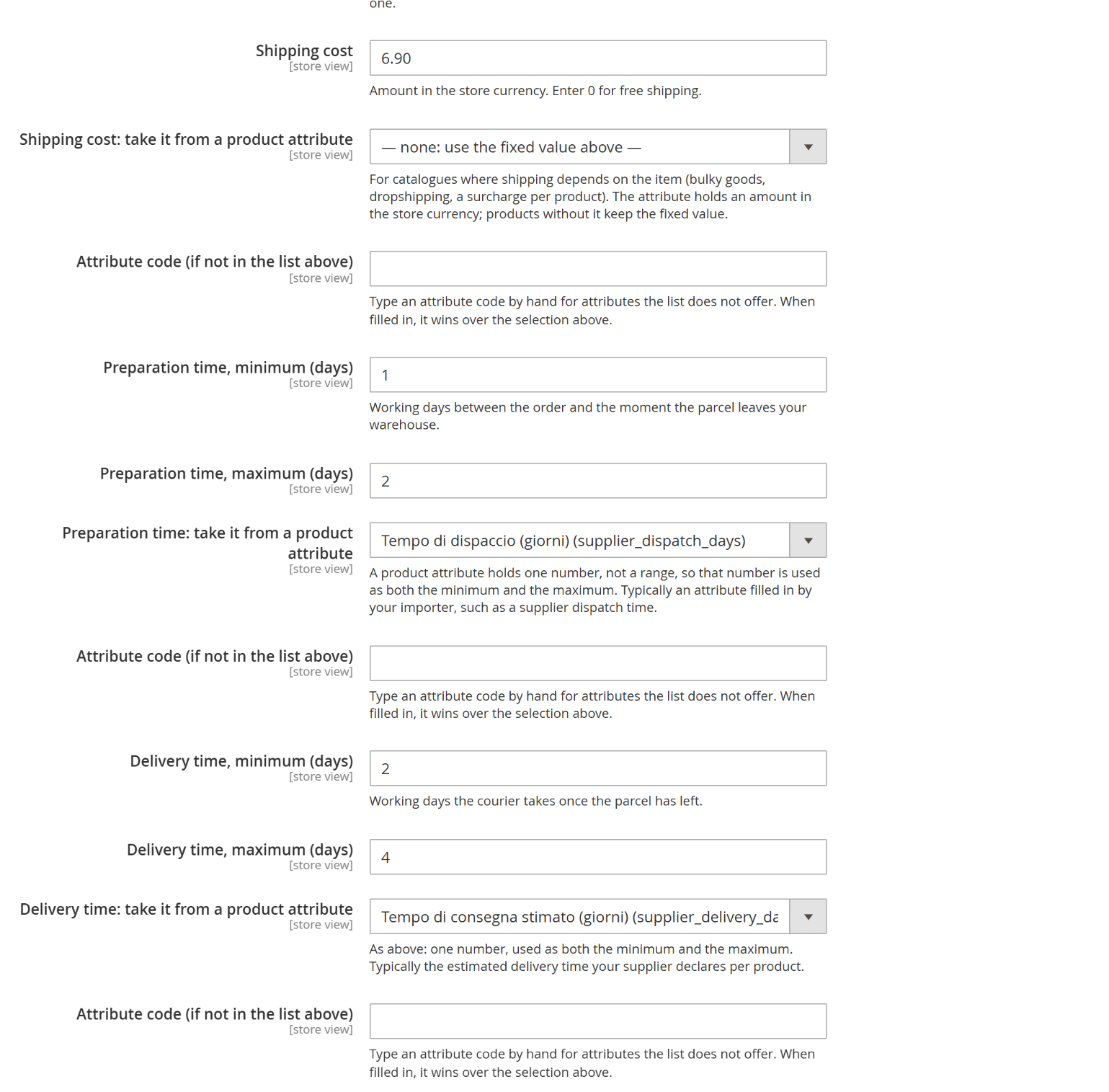 The fields that take their value from a product attribute