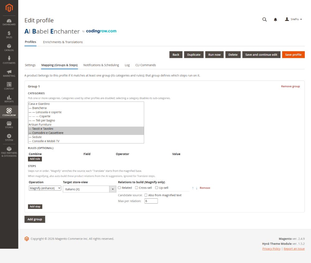 AI-generated related, cross-sell and up-sell mapped to real catalog SKUs.