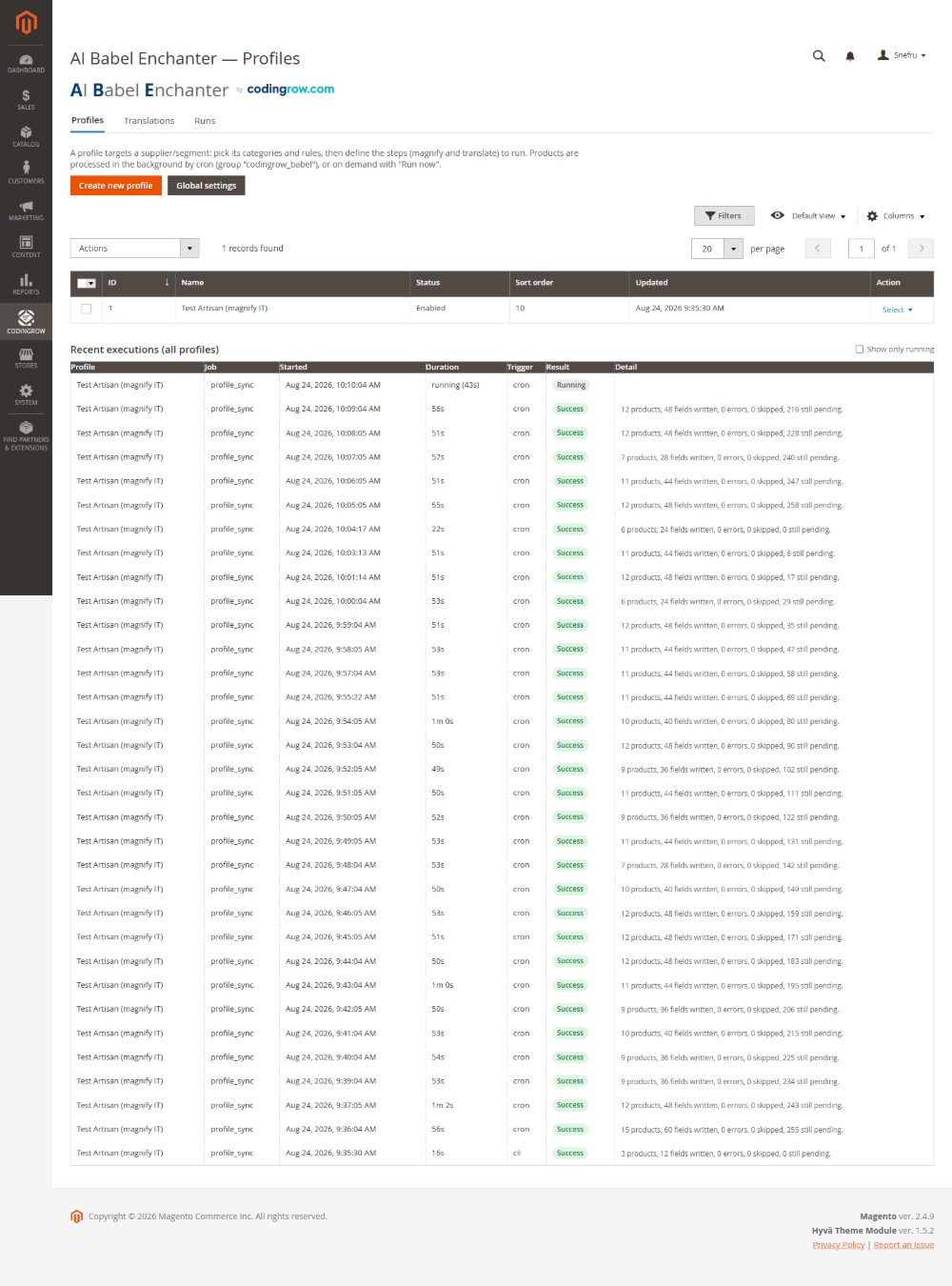 Profiles: one persona prompt per supplier or segment, applied across the catalog.