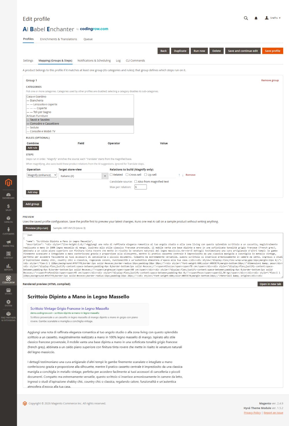 Dry-run: rendered preview and Google snippet before anything is written.
