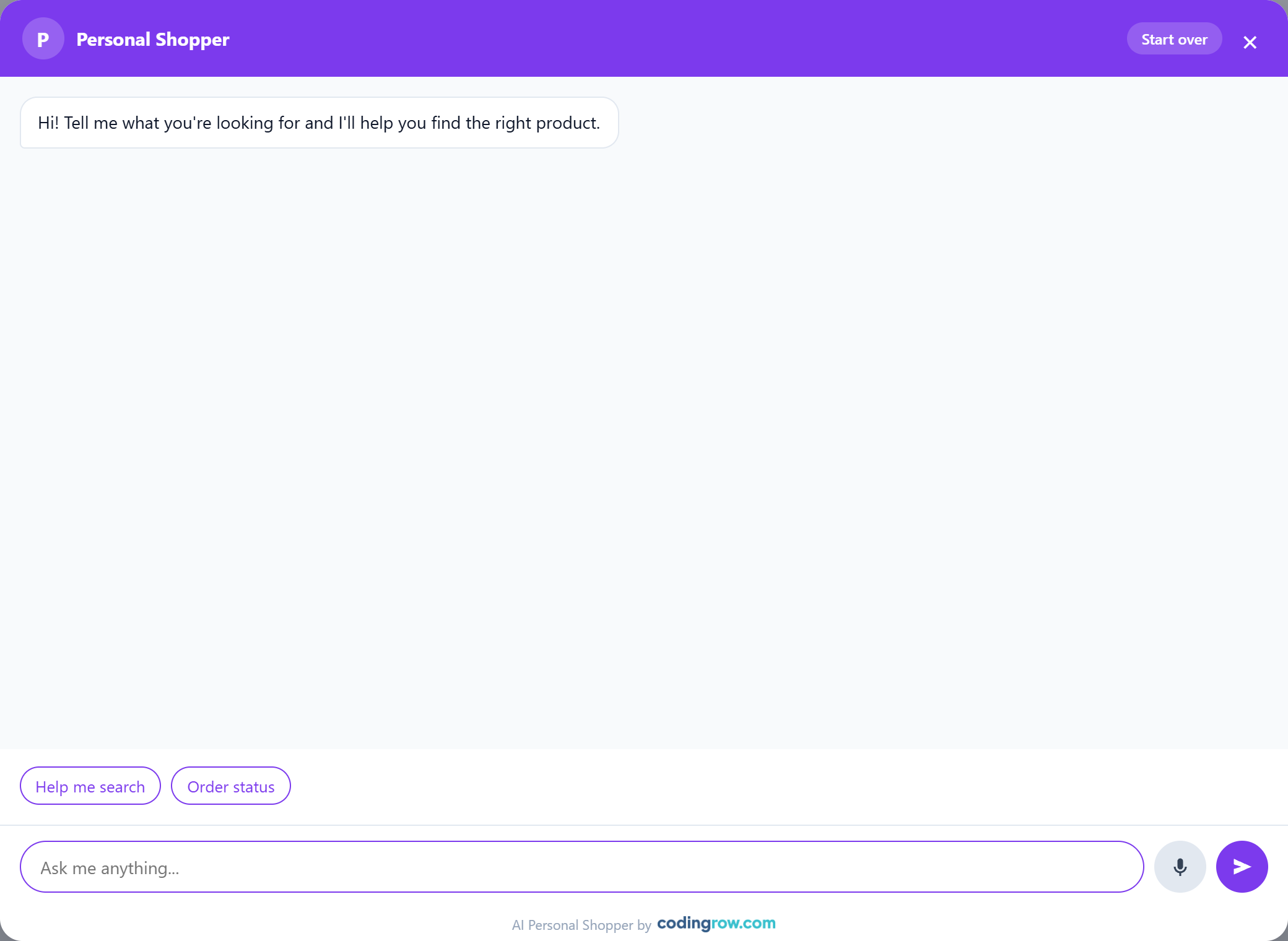 Chat opens with a greeting and quick-reply chips for the two most common intents.