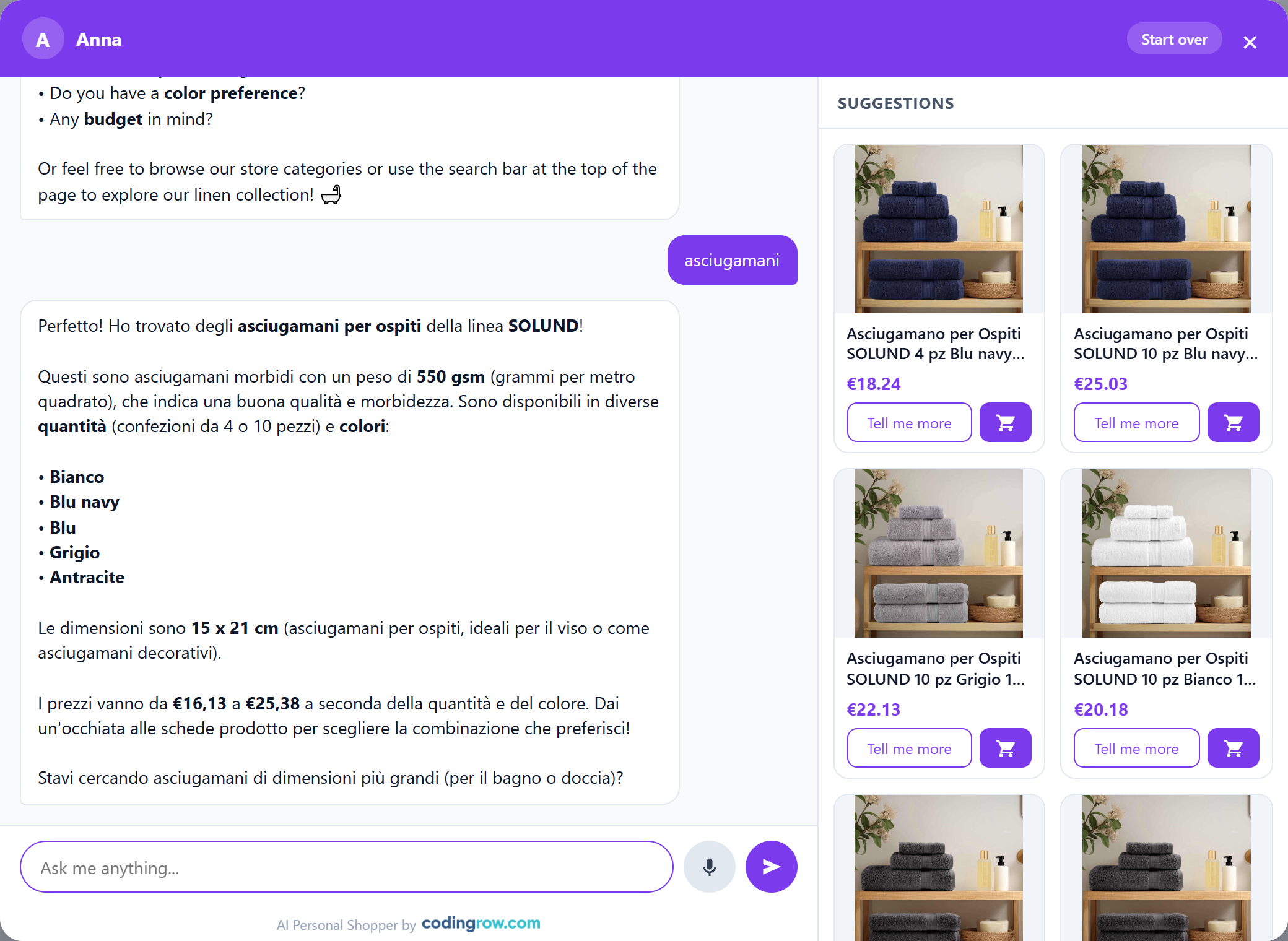 A real search returning 14 matching products as cards, each with its own add-to-cart and 