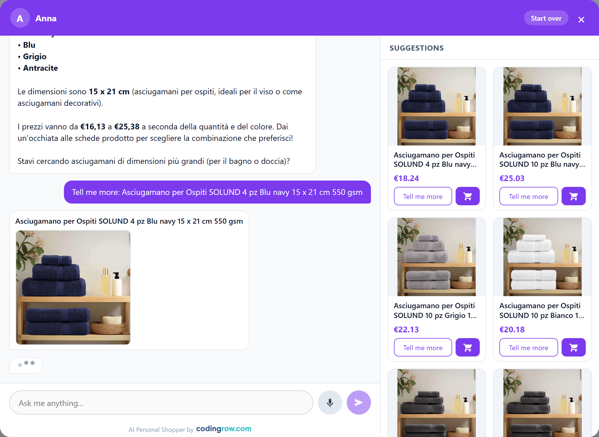 Quantity confirmed on the card itself, then added to cart — the purchase never leaves the chat.