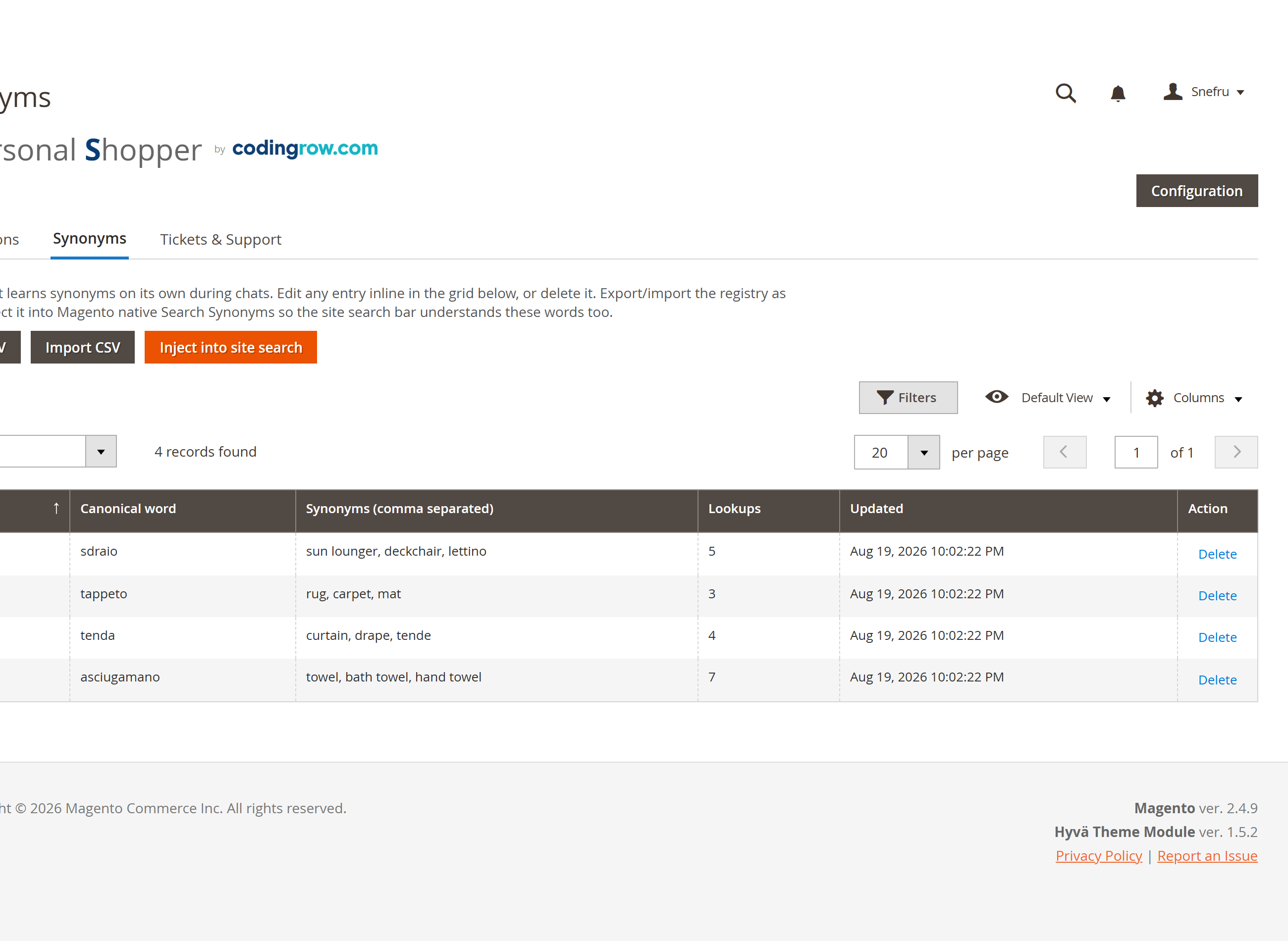 The Synonyms tab: a paginated, editable registry with CSV export/import and one-click "Inject into site search".