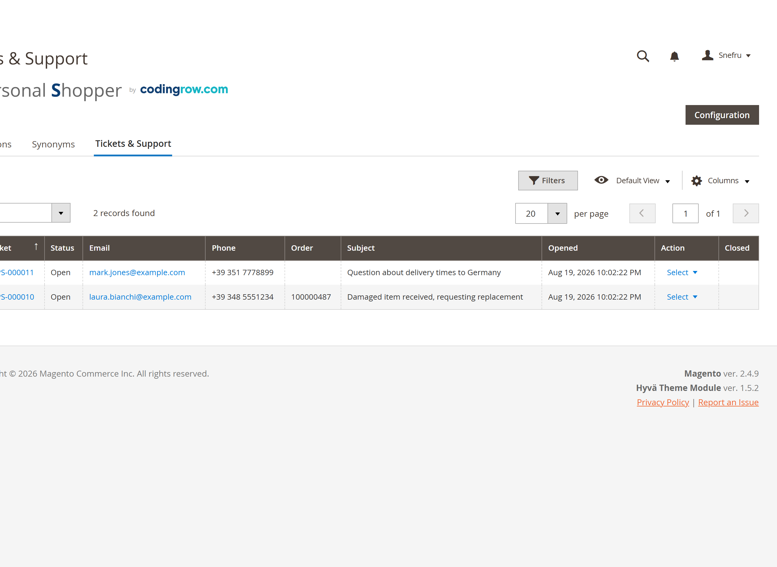 The Tickets & Support grid: every ticket with its number, status, contact and subject, one click from its full transcript.