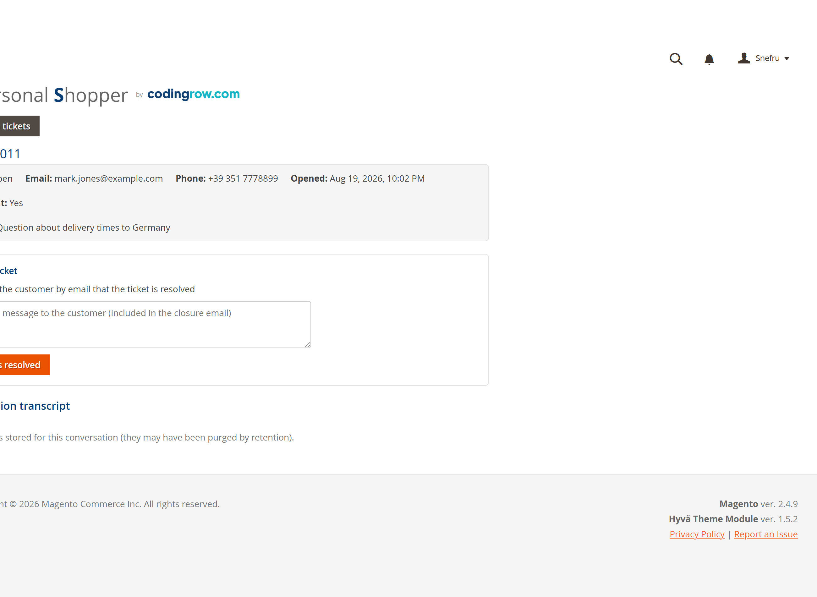 Ticket detail: contacts, the full chat transcript, and a 