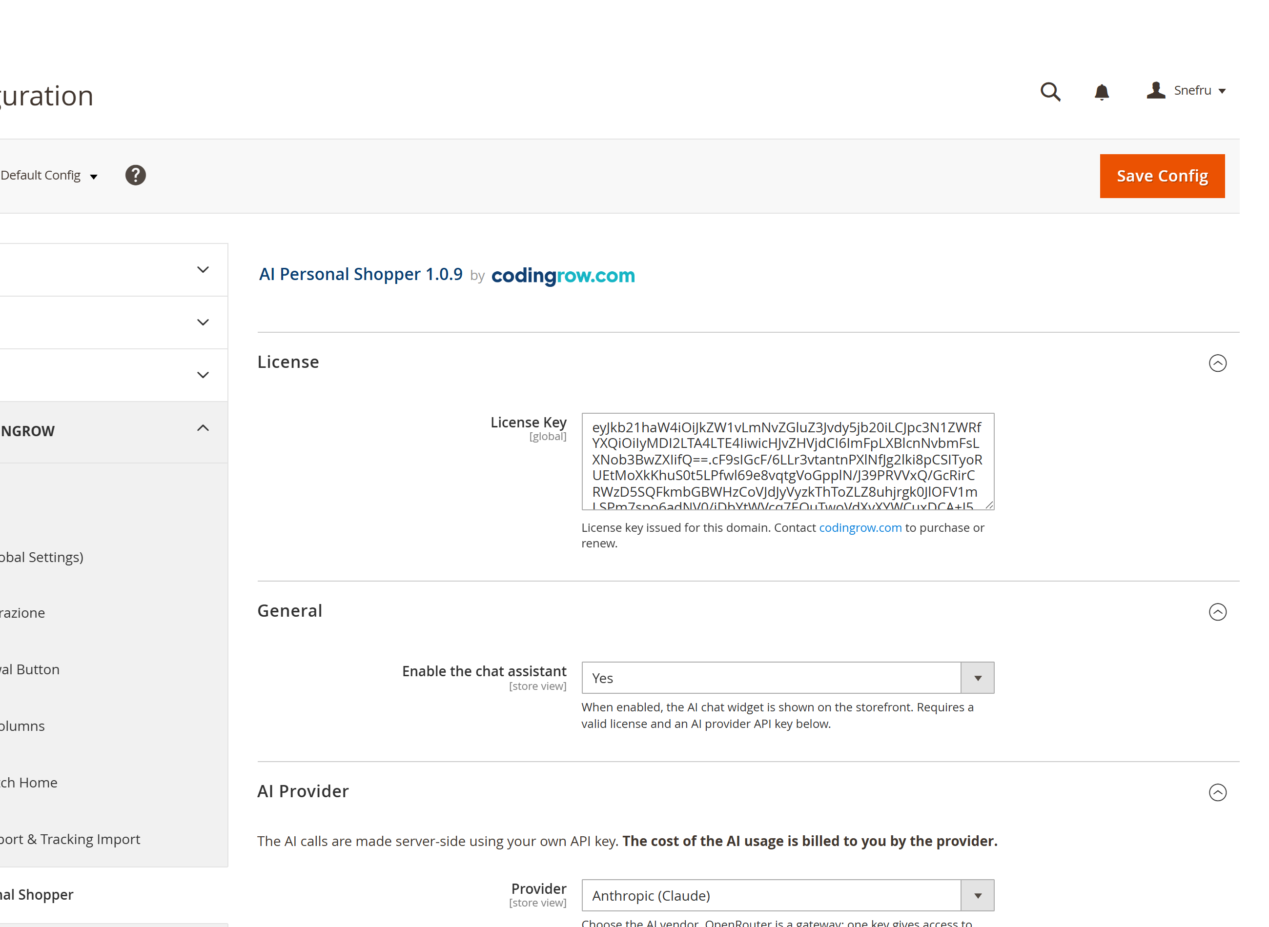 The AI provider configuration screen: pick a provider, paste your key, choose a model and toggle capabilities.