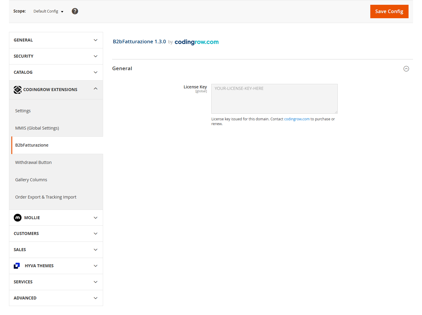 B2bFatturazione admin configuration: a single License Key field