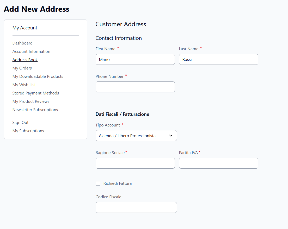 The B2B fiscal fields on the storefront address form (Customer Type set to Business): VAT number, SDI, PEC, Fiscal Code