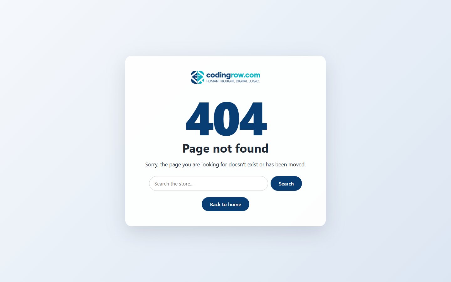 Page 404 personnalisée avec le logo de la boutique, grand chiffre 404, titre « Page not found », champ de recherche et bouton de retour à l’accueil