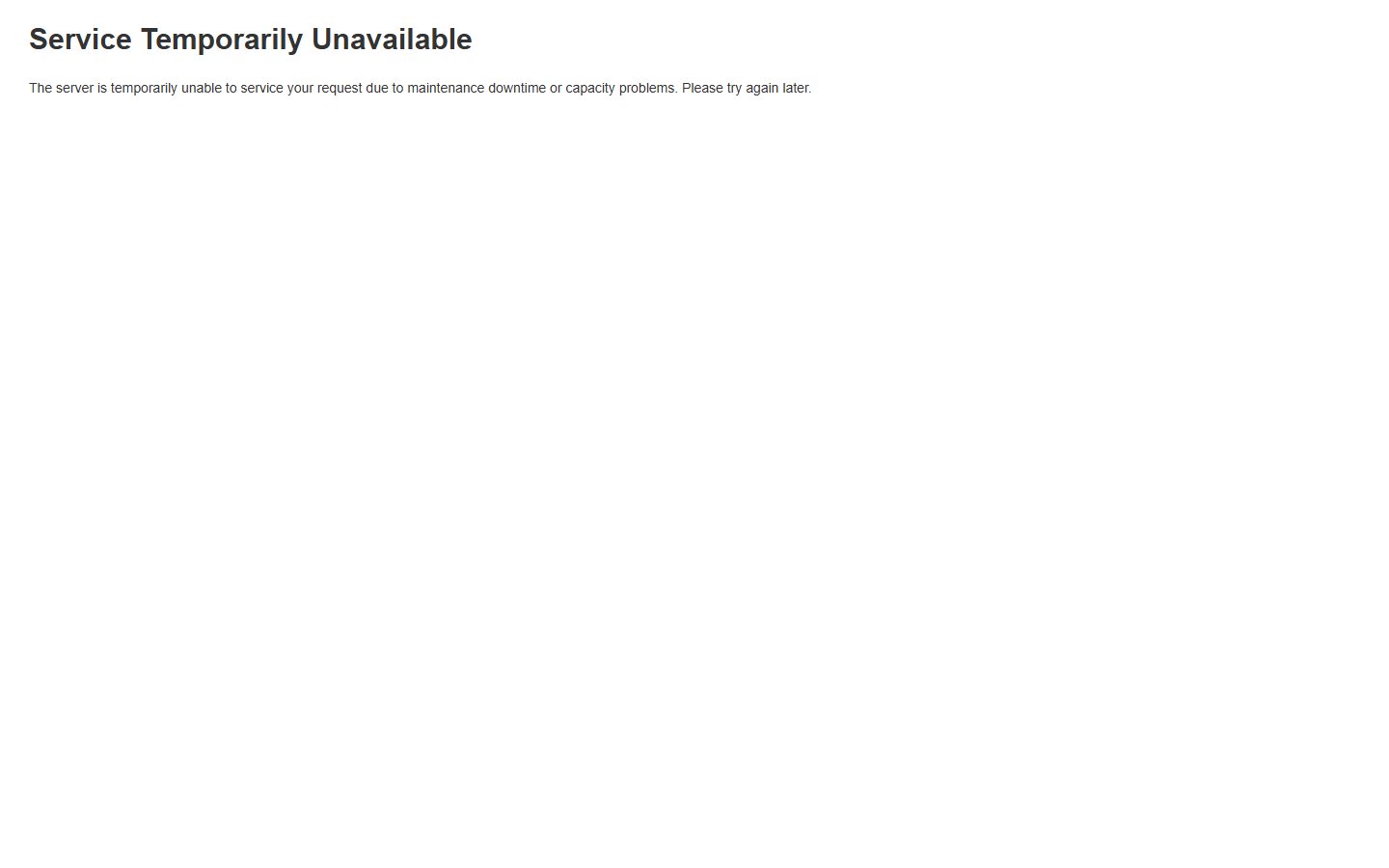 Page de maintenance standard de Magento : « Service Temporarily Unavailable » en noir sur fond blanc