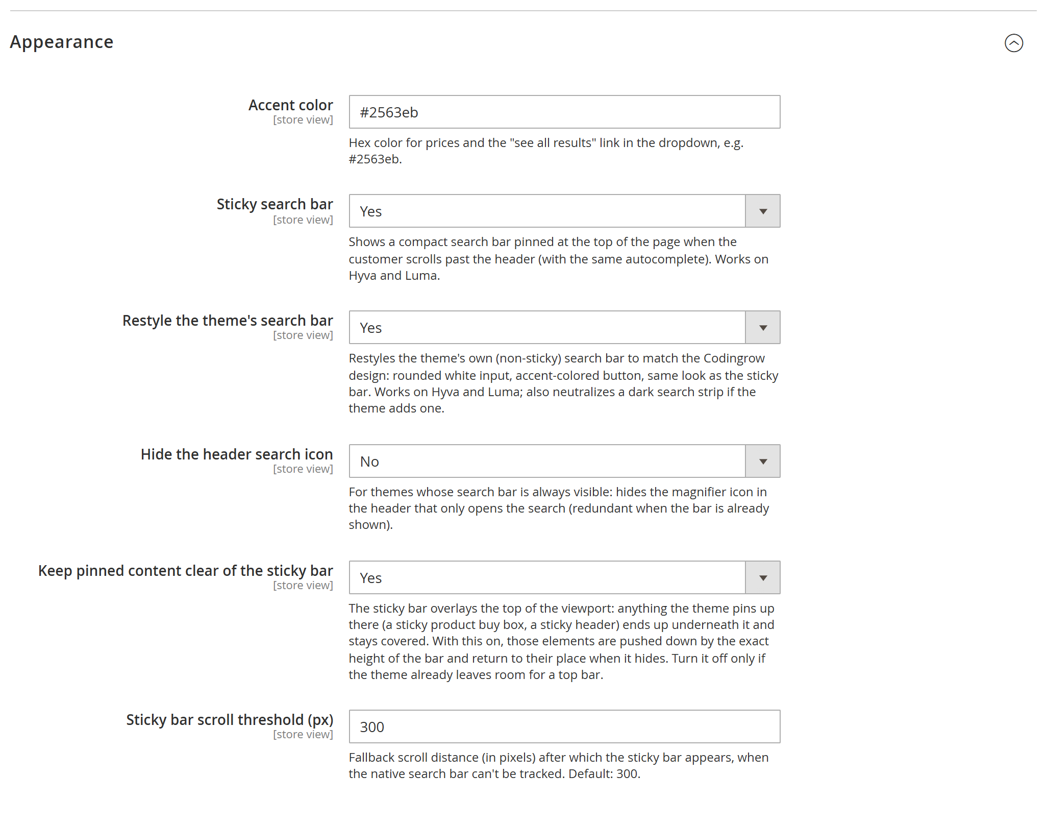 Appearance group in the admin with the sticky bar options