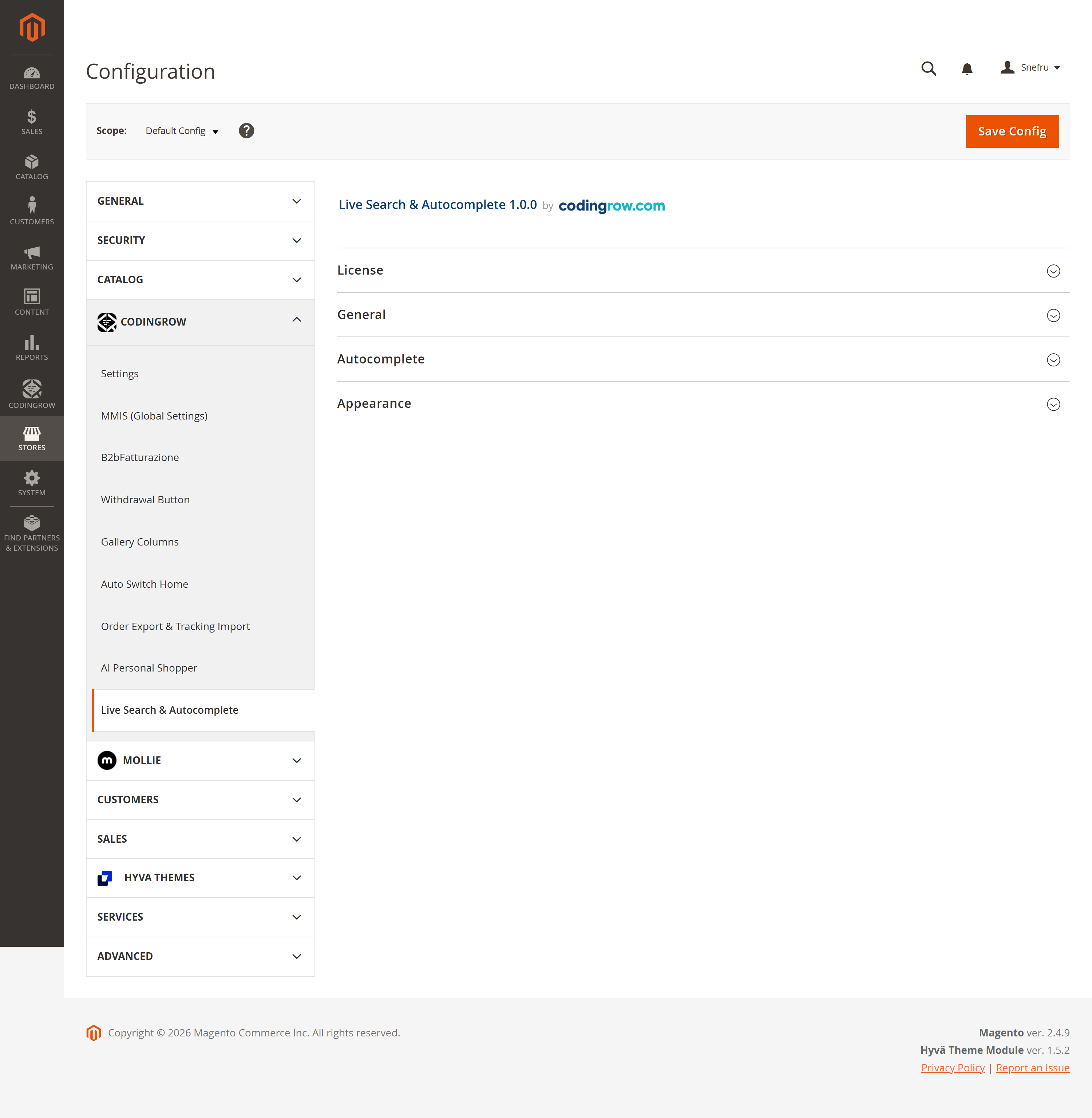 The admin configuration: license, general, autocomplete and appearance options, under Codingrow.
