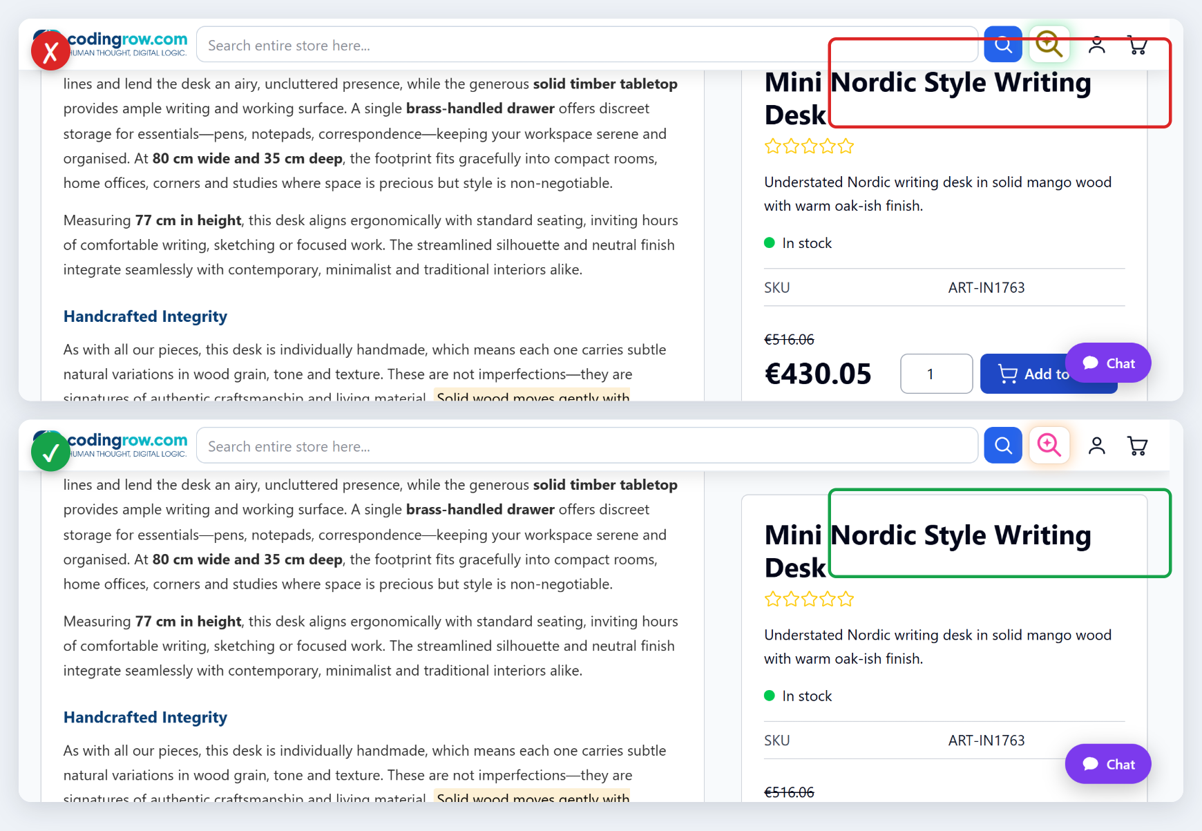 Product page with the sticky bar visible: above the title is clipped, below it is fully clear