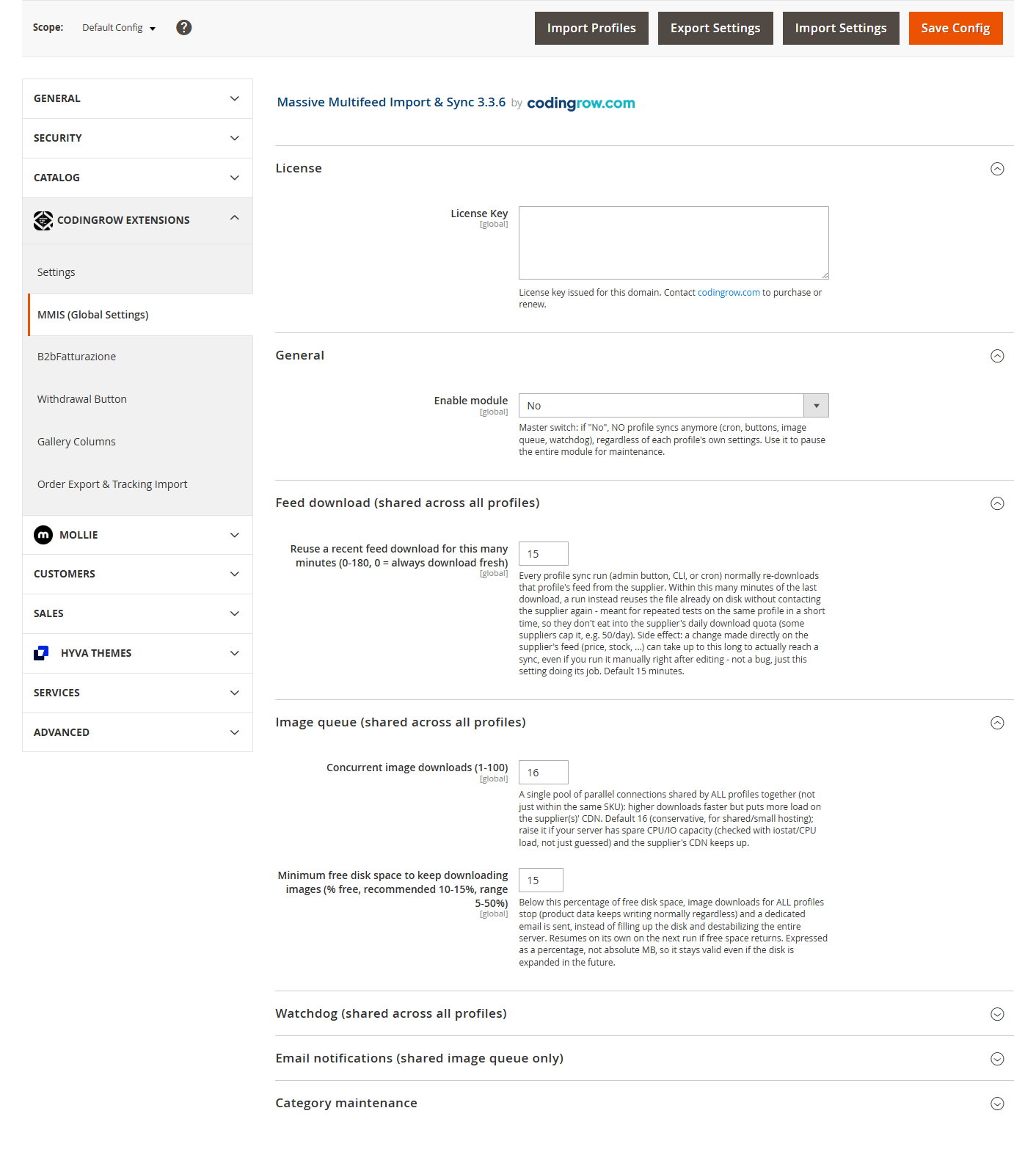MMIS global settings admin configuration in Magento