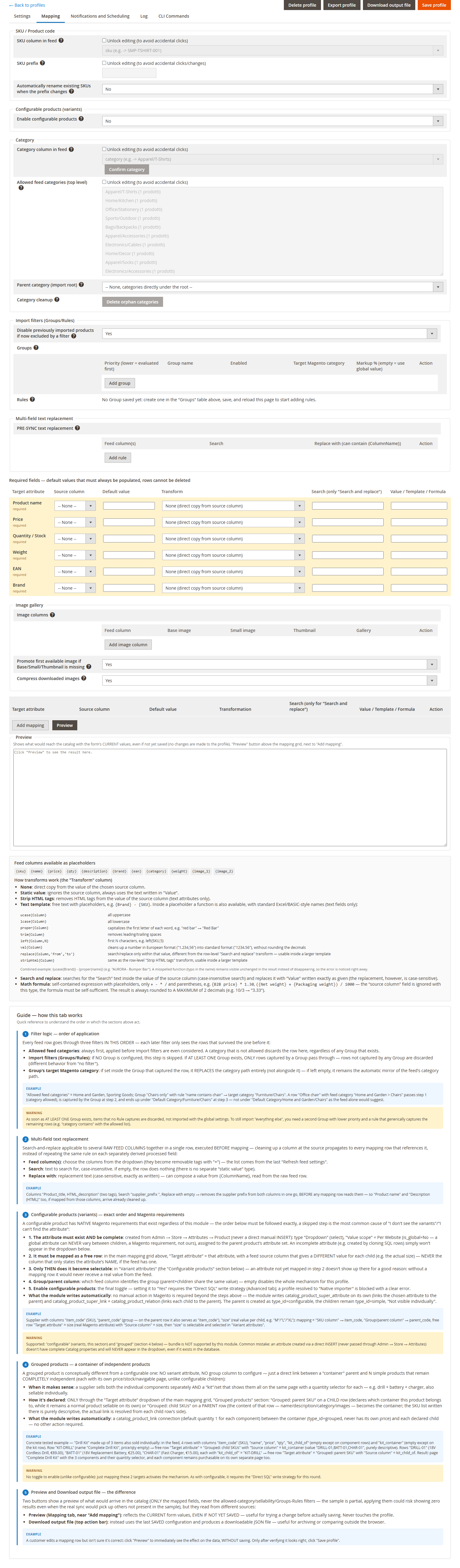 MMIS profile Mapping tab: SKU and category columns, required attribute rows, image gallery columns, and the discovered feed columns available as placeholders