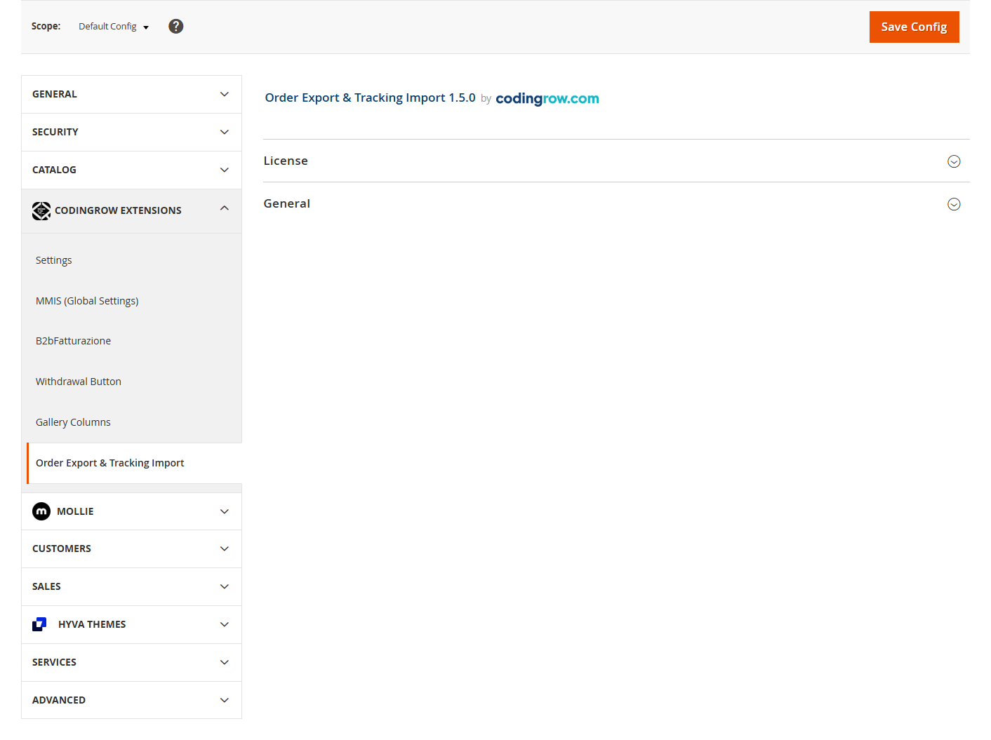 Order Export & Tracking Import admin configuration in Magento