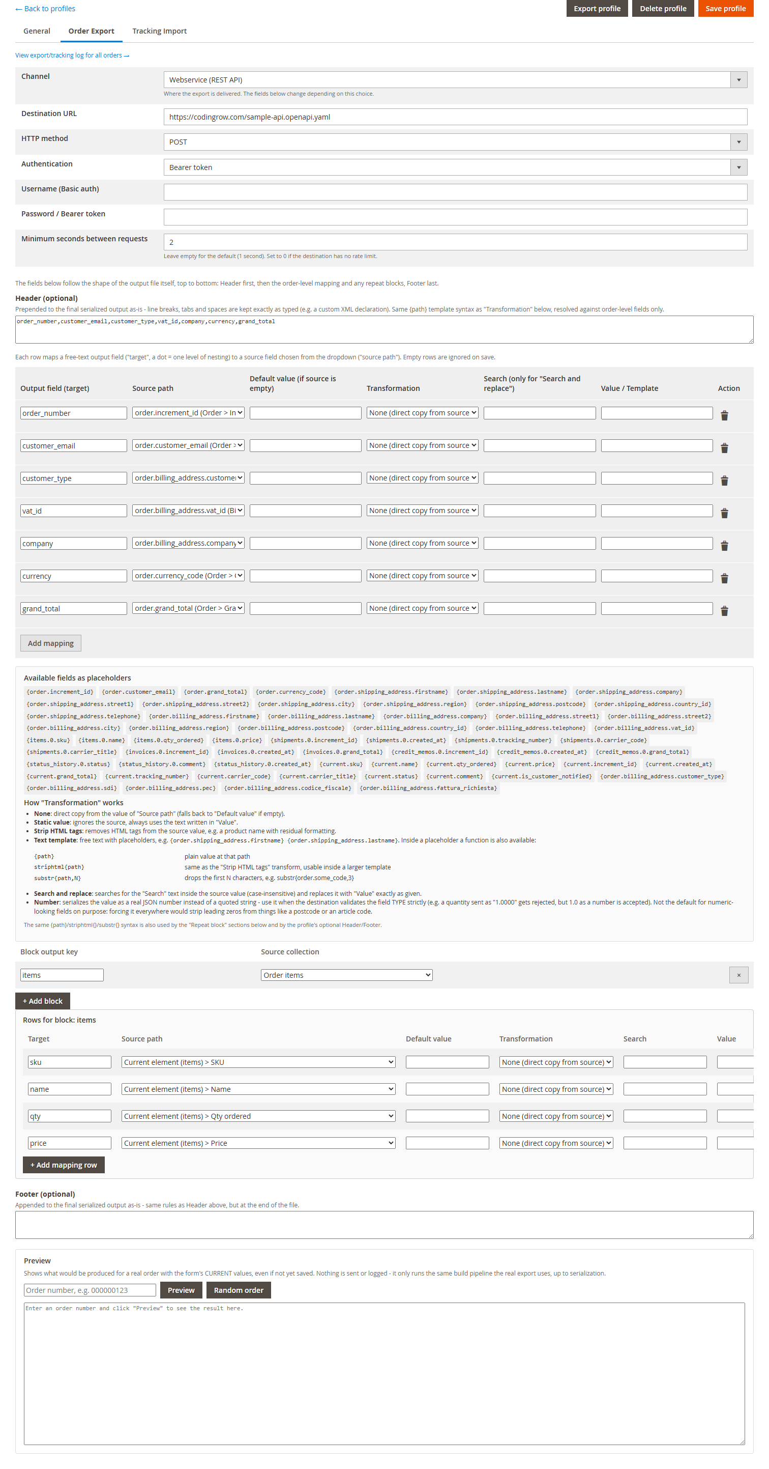 Order Export profile tab showing field mapping for order number, customer email, B2B fields, and per-item repeat blocks
