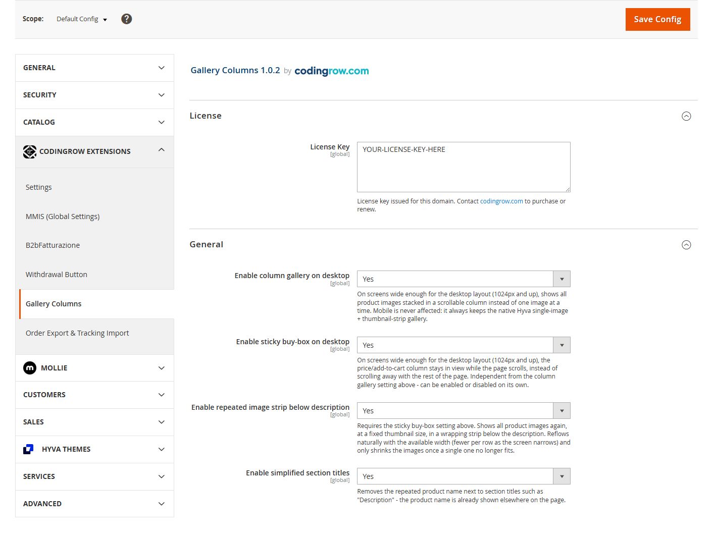 Product Page Pro & SEO admin configuration: the License field and the four General options