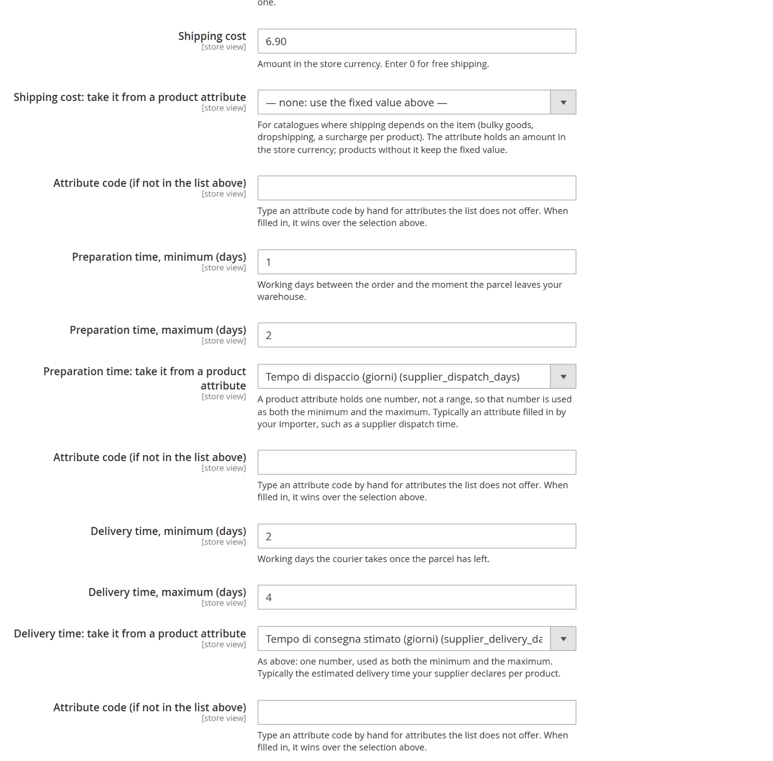 The fields that take their value from a product attribute