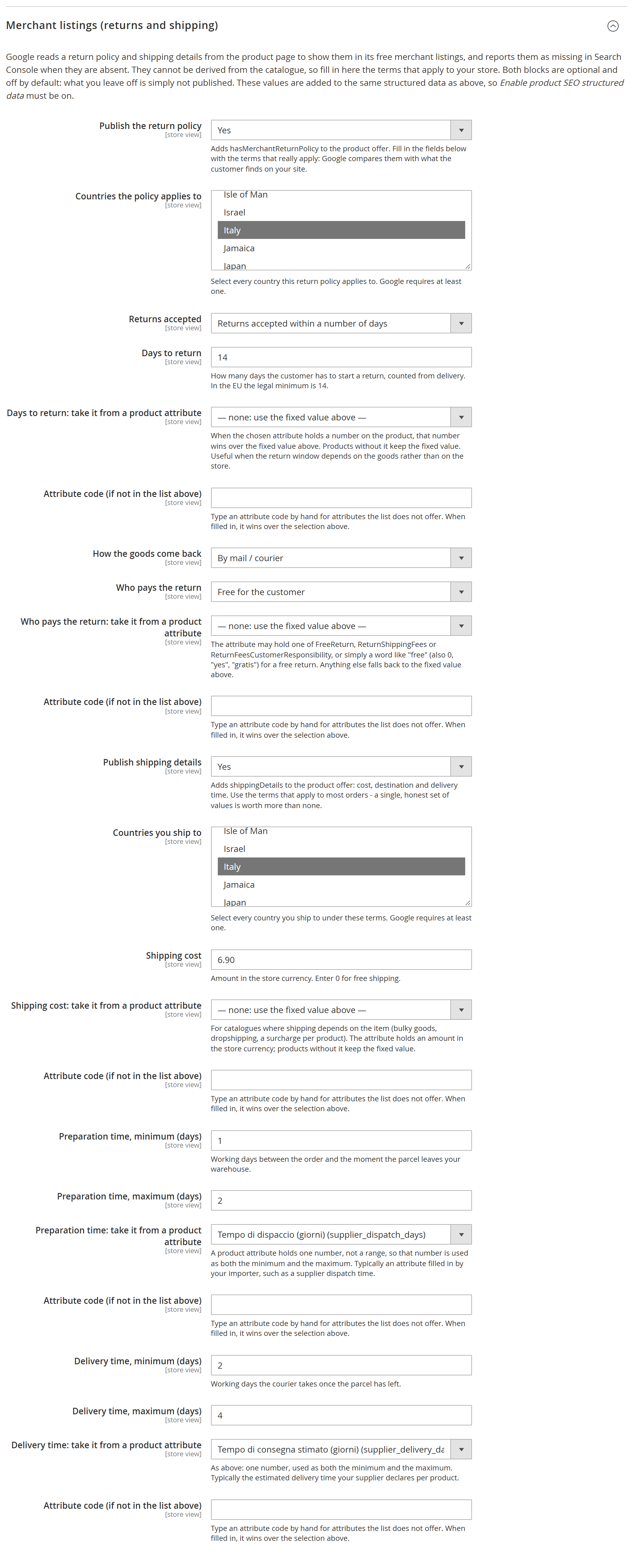 Merchant listings group in the admin: return policy and shipping details